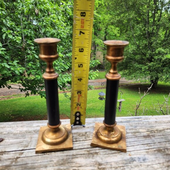 Vintage 1980s Heavy Brass & Black Unesco Candlestick Holders 7" Tall Made In Tai - Picture 2 of 10